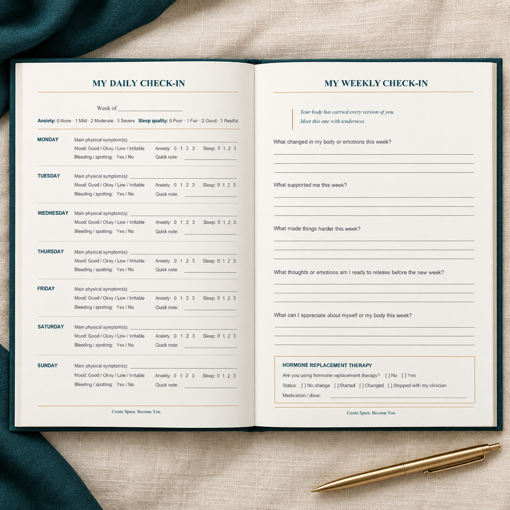Plot Twist: Perimenopause hardcover journal open to daily and weekly check-in pages.