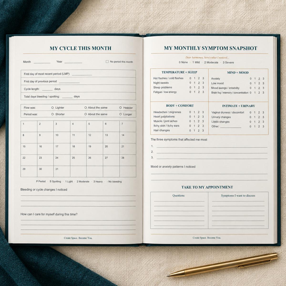 Plot Twist: Perimenopause hardcover journal open to monthly cycle and symptom snapshot pages.